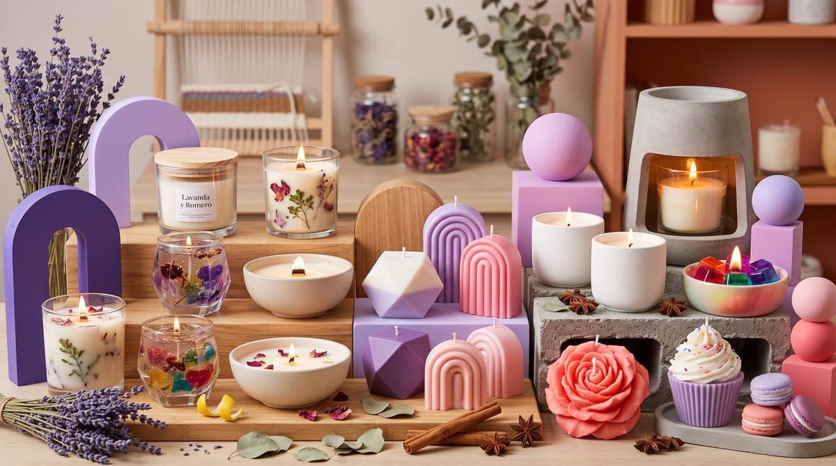 Composición ilustrativa de velas artesanales en tonos violeta, lila y coral, inspirada en las técnicas del curso