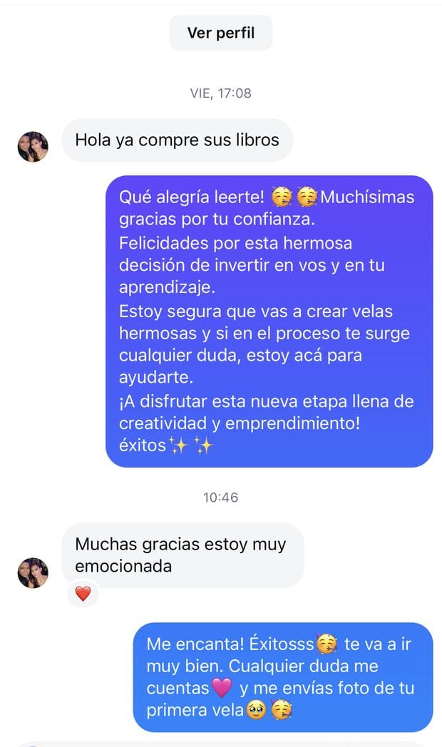 Captura de WhatsApp: alumna agradeciendo su compra del curso