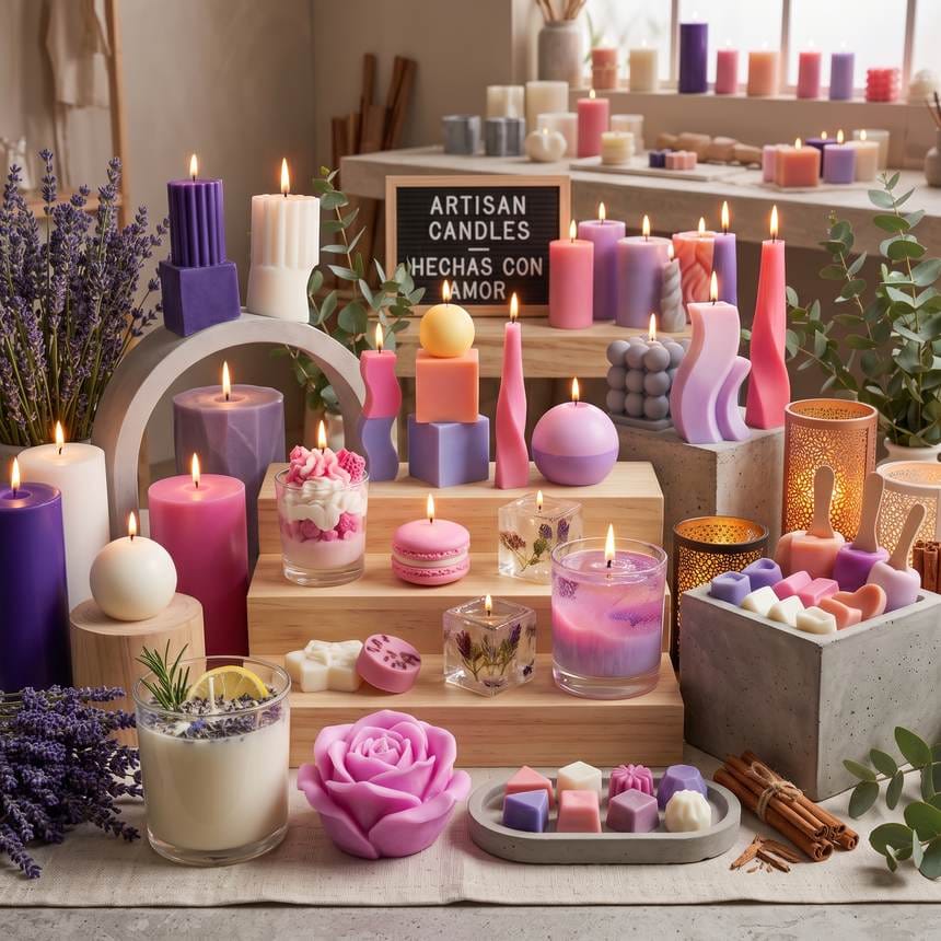Composición ilustrativa de velas artesanales en tonos violeta, lila y coral