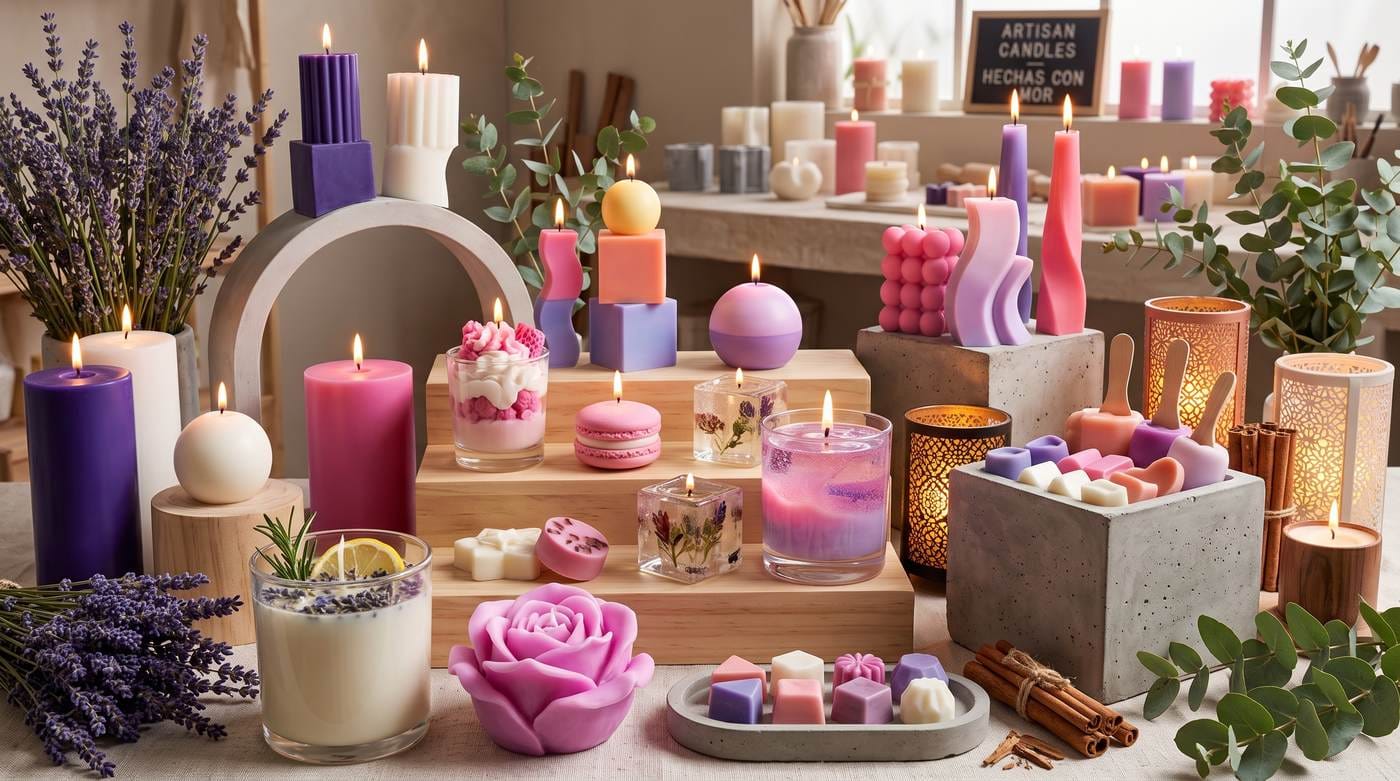 Mesa de estudio con velas artesanales en tonos violeta, lila y coral