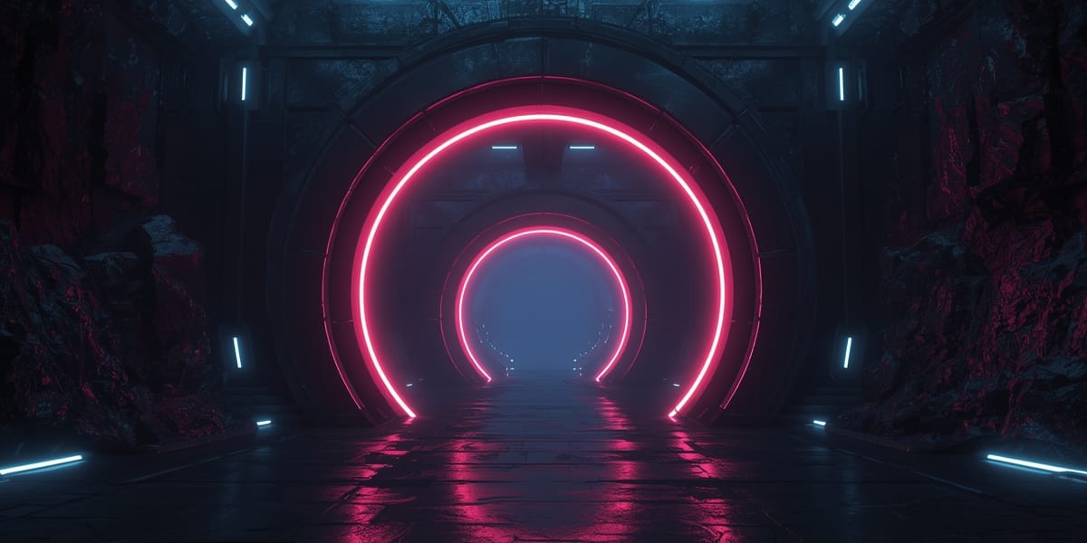 dark futuristic gateway portal neon literary cyberpunk