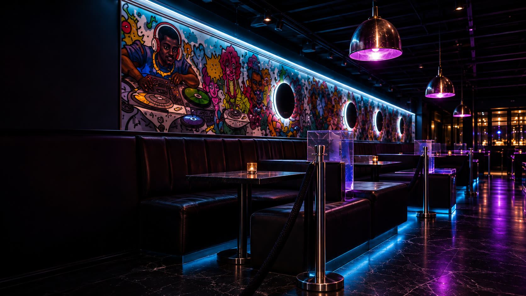Inside Serenity 5 Restaurant & Lounge in Portsmouth, VA: leather booth seating, a graffiti mural, and purple pendant lighting