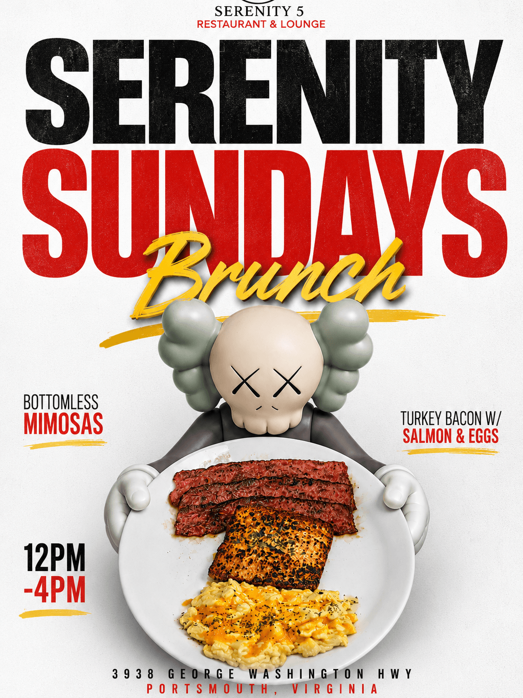 Sunday brunch at Serenity 5 in Portsmouth, VA: chicken and waffles with bottomless mimosas