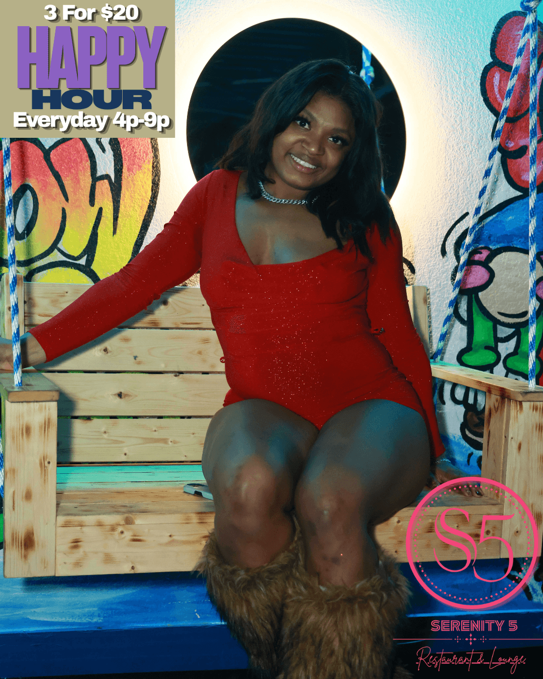 Happy hour at Serenity 5 Restaurant & Lounge in Portsmouth, VA: a guest on the swing seat in front of a graffiti mural