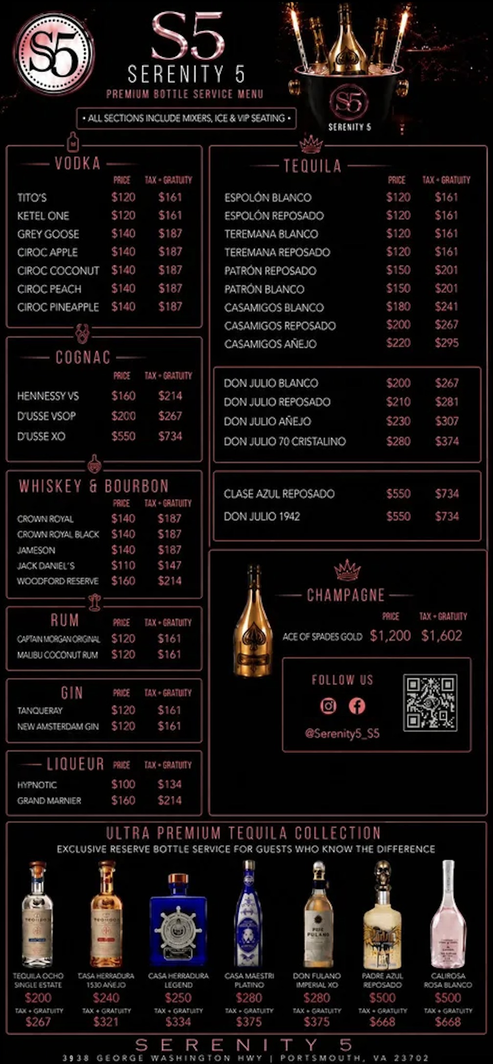 Serenity 5 premium bottle service menu with vodka, cognac, whiskey, rum, gin, liqueur, tequila, champagne, and the ultra premium tequila collection, showing base prices and totals with tax and gratuity