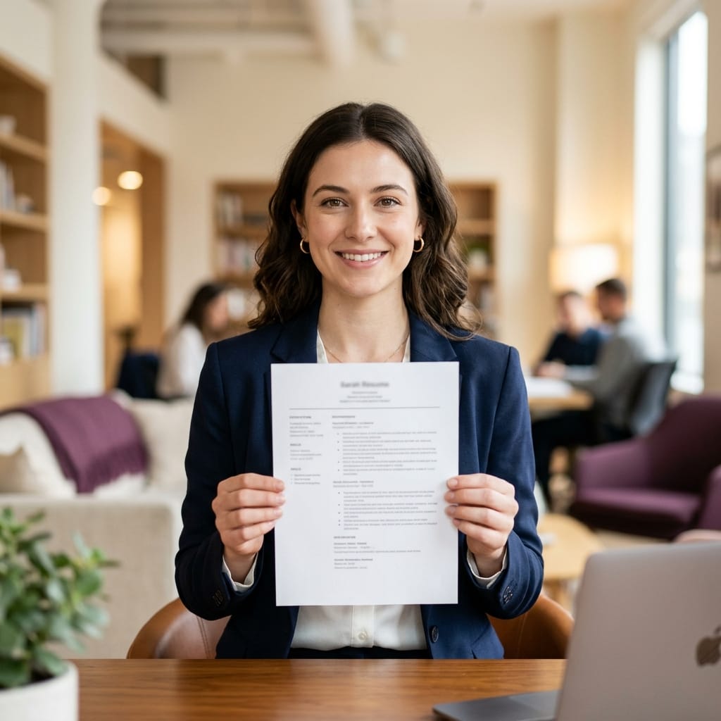 Une candidate souriante tient son CV au format canadien