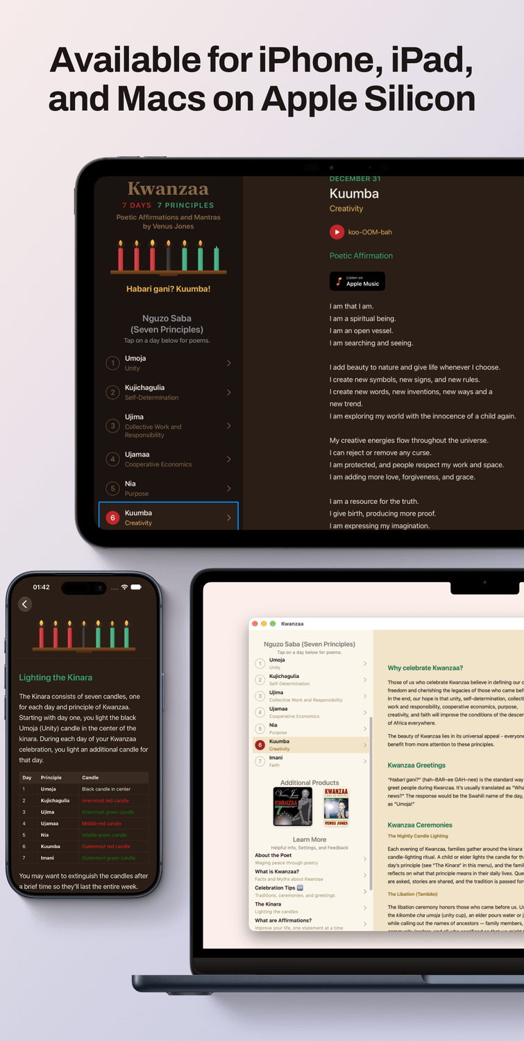 Image showing the Kwanzaa app on iPad, iPhone, and Mac screens.