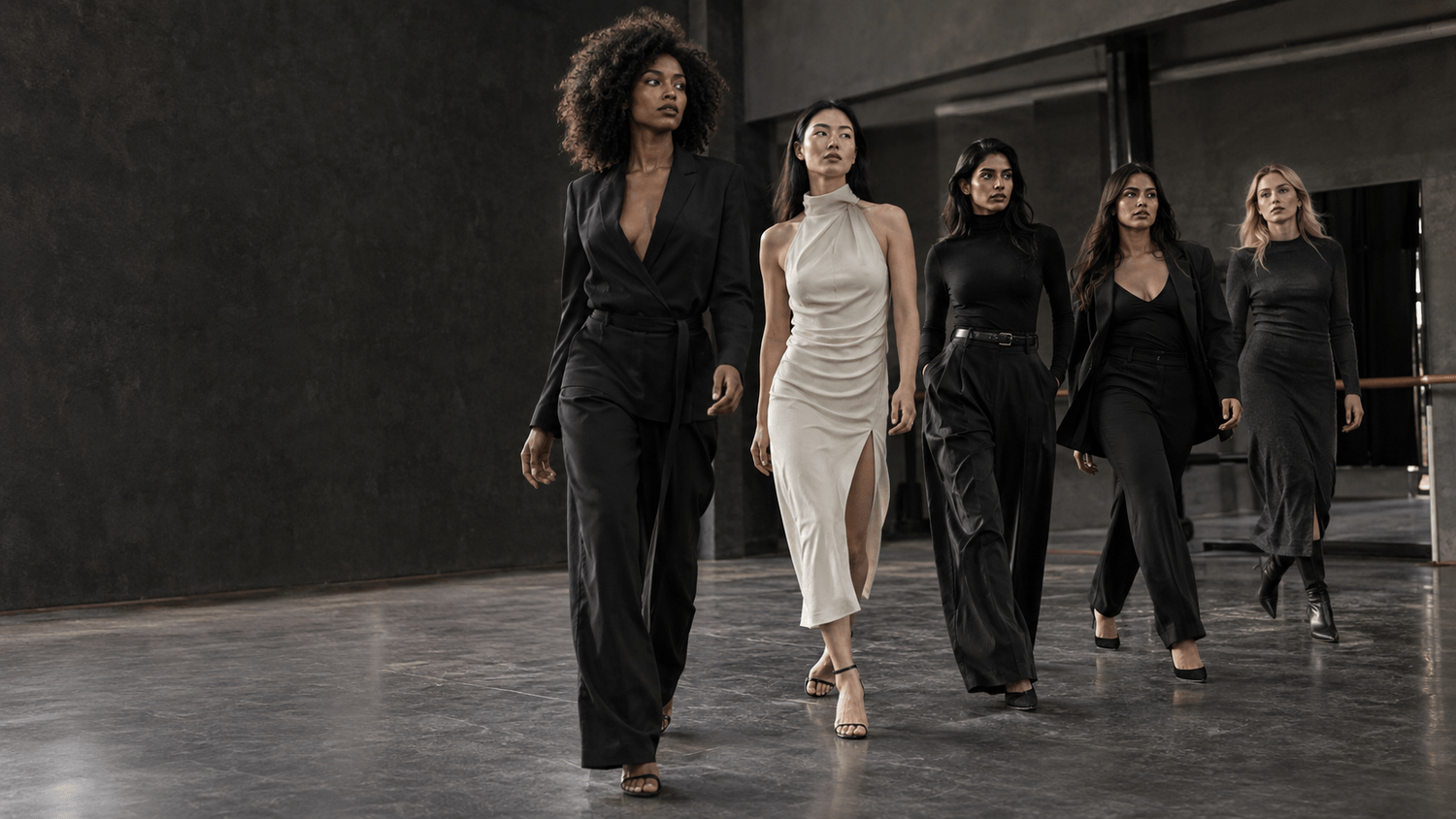 Illustrative editorial image of multicultural adult female models practicing a runway walk
