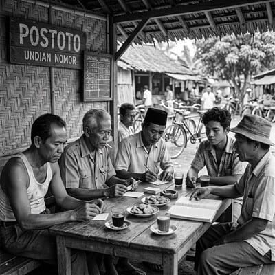 Sebuah foto dokumenter hitam-putih bersejarah dari era 1950-an hingga 1960-an yang memperlihatkan sekumpulan pria dengan wajah berbeda berkumpul di sebuah warung kopi tradisional Indonesia di bawah atap rumbia untuk mendiskusikan nomor tebakan "Postoto". Terlihat papan kayu bertuliskan "POSTOTO UNDIAN NOMOR" dan papan tulis kecil berisi coretan angka di dinding anyaman bambu. Di atas meja kayu, mereka tampak sibuk menulis, membaca buku tafsir mimpi (primbon), dan mengamati kupon kertas di antara gelas-gelas kopi dan piring makanan ringan, dengan latar belakang suasana perkampungan dan sepeda-sepeda tua yang terparkir.