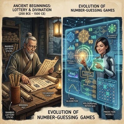 Ilustrasi ensiklopedia yang menggambarkan perbandingan antara tradisi undian angka kuno dengan teknologi digital modern.