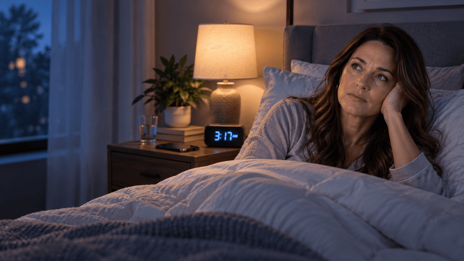 Woman awake in bed during the night while struggling to fall back asleep