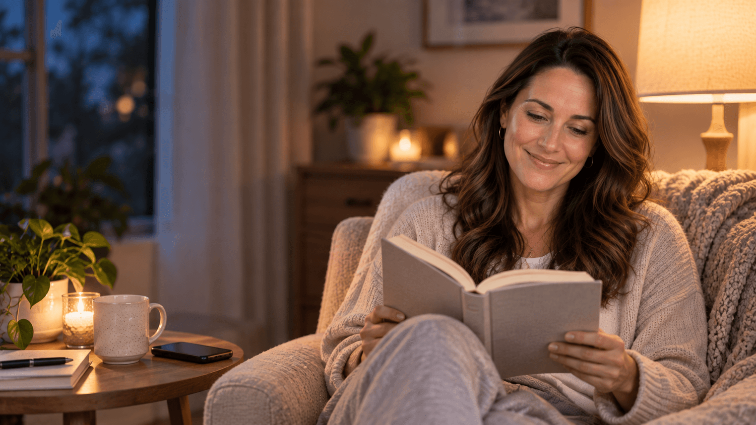 Woman reading a book during a relaxing nighttime routine