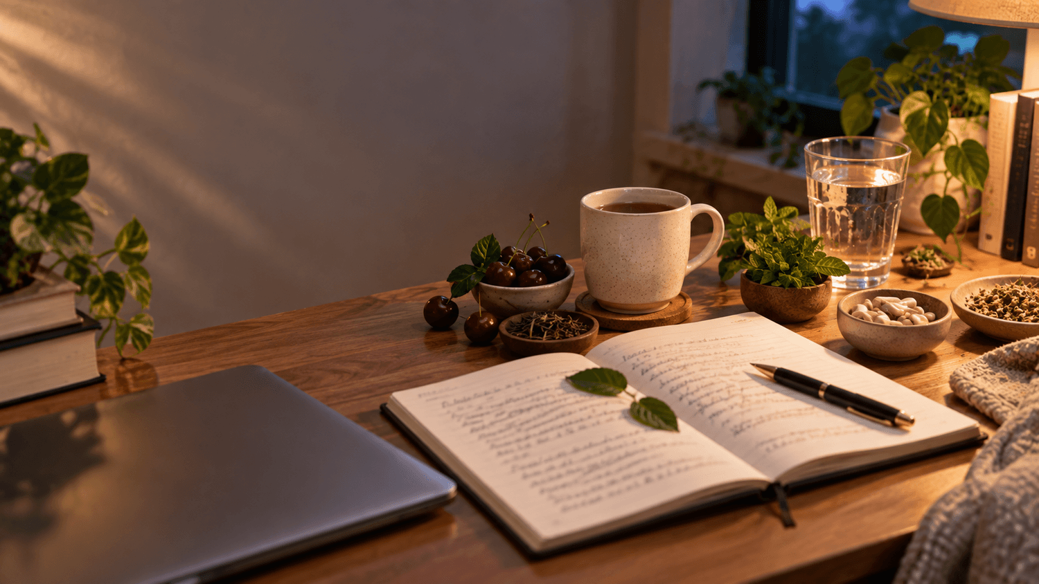 Sleep supplement ingredient research with notebook, water and natural ingredients