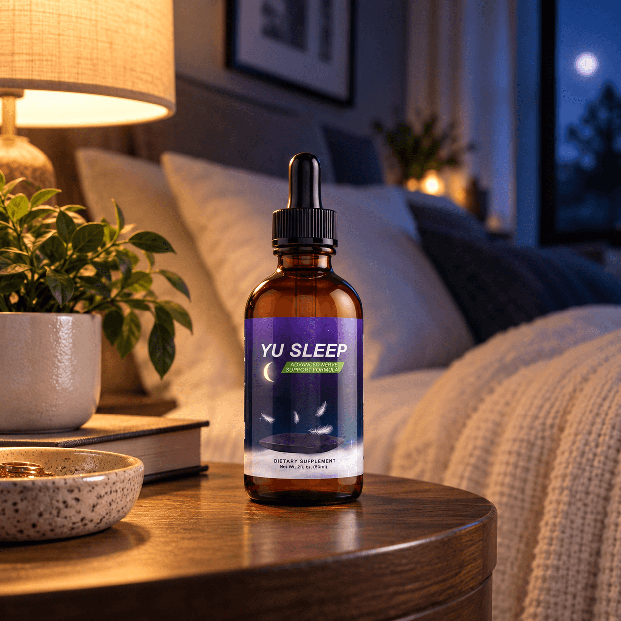 YU Sleep liquid sleep supplement bottles on a bedside table