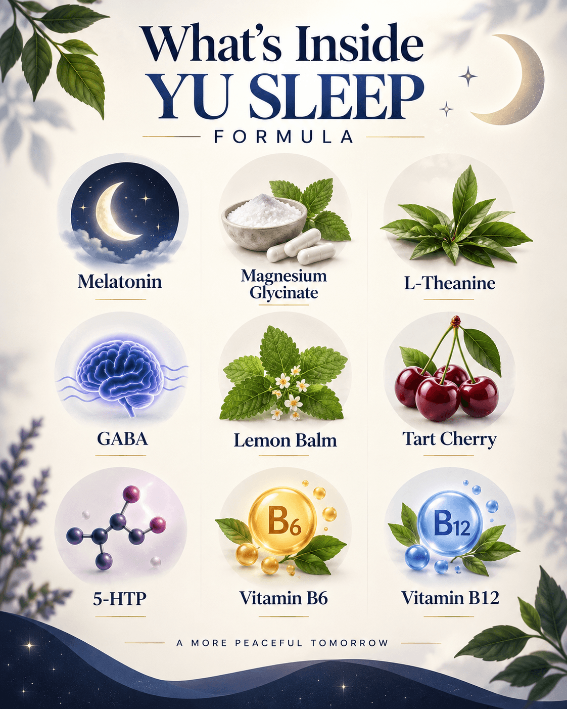 YU Sleep ingredients infographic showing the sleep support formula