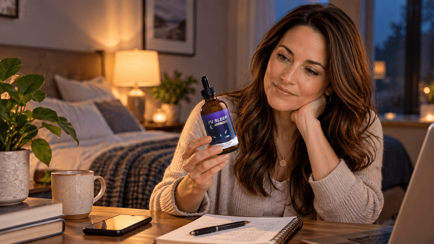 Woman researching YU Sleep supplement information at a desk