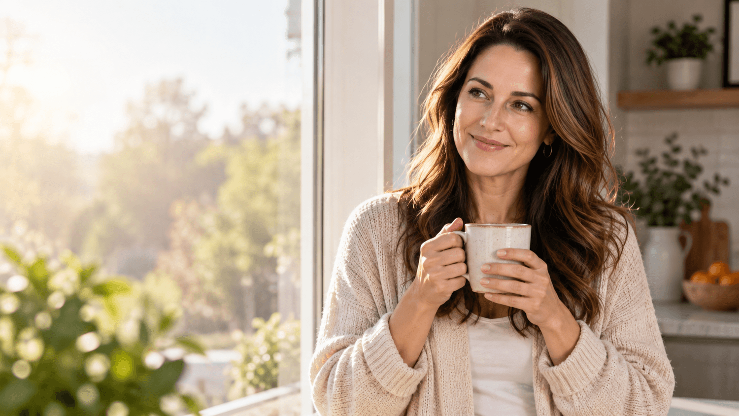 Woman enjoying a calm morning routine beside a sunny window
