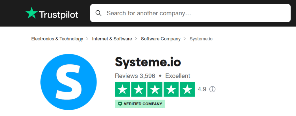 systeme.io Trustpilot rating. 4.8 from 411 reviews