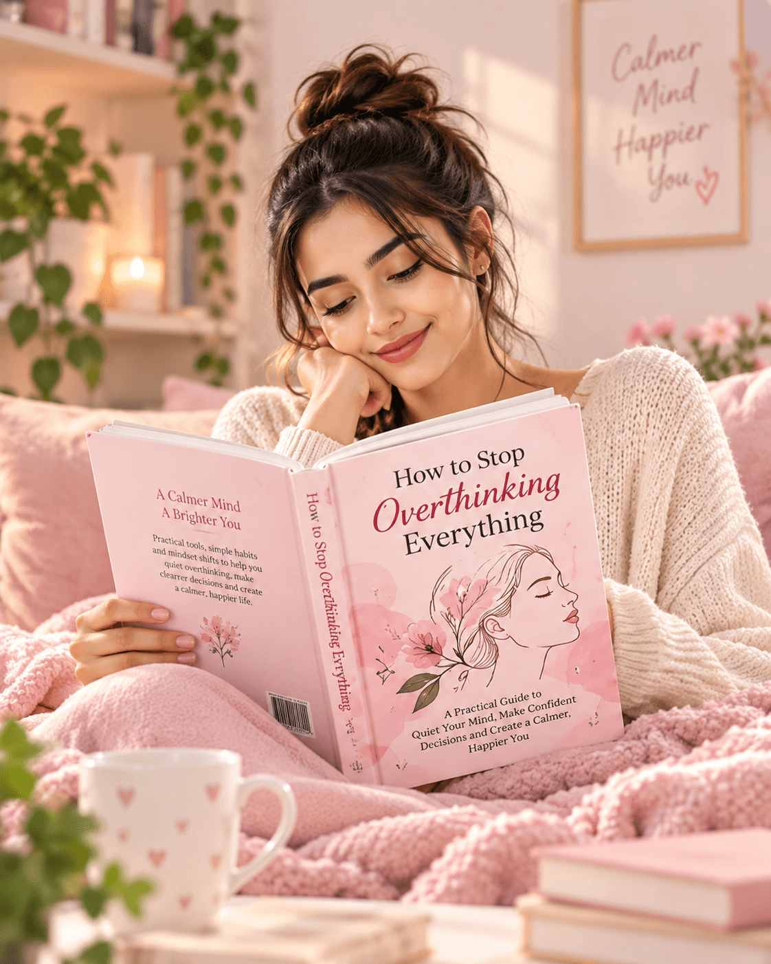 The ebook How to Stop Overthinking Everything, with a soft pink cover and a line drawing of a calm woman