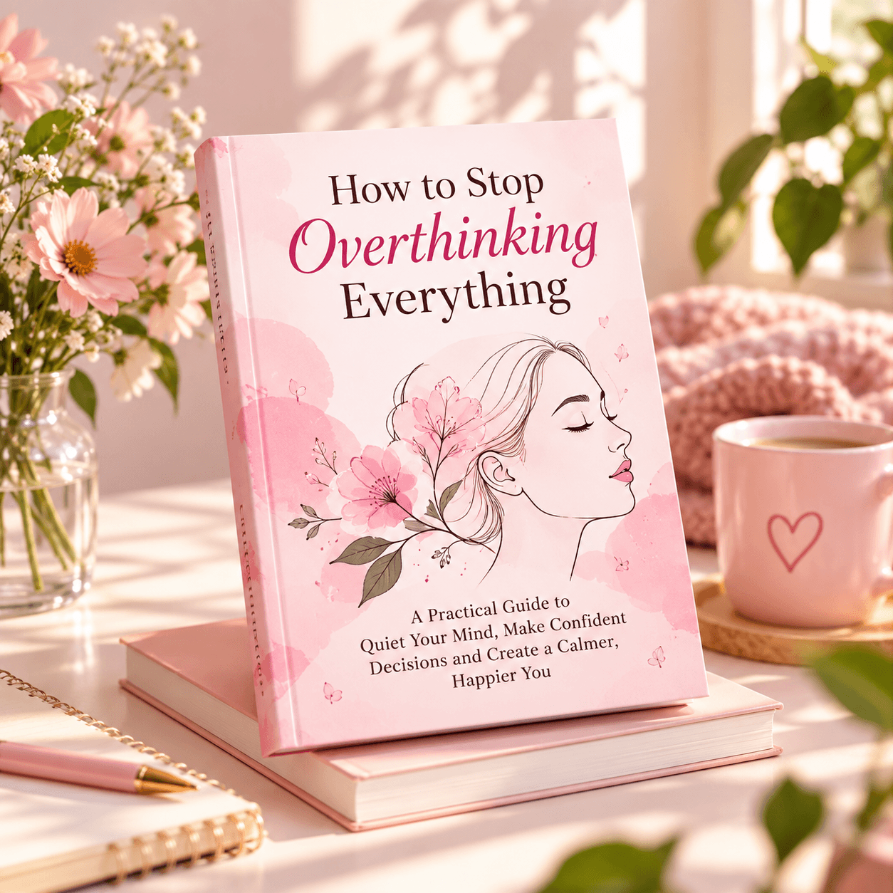 The ebook laid out with the workbook, thought journal and decision checklist on a pink desk