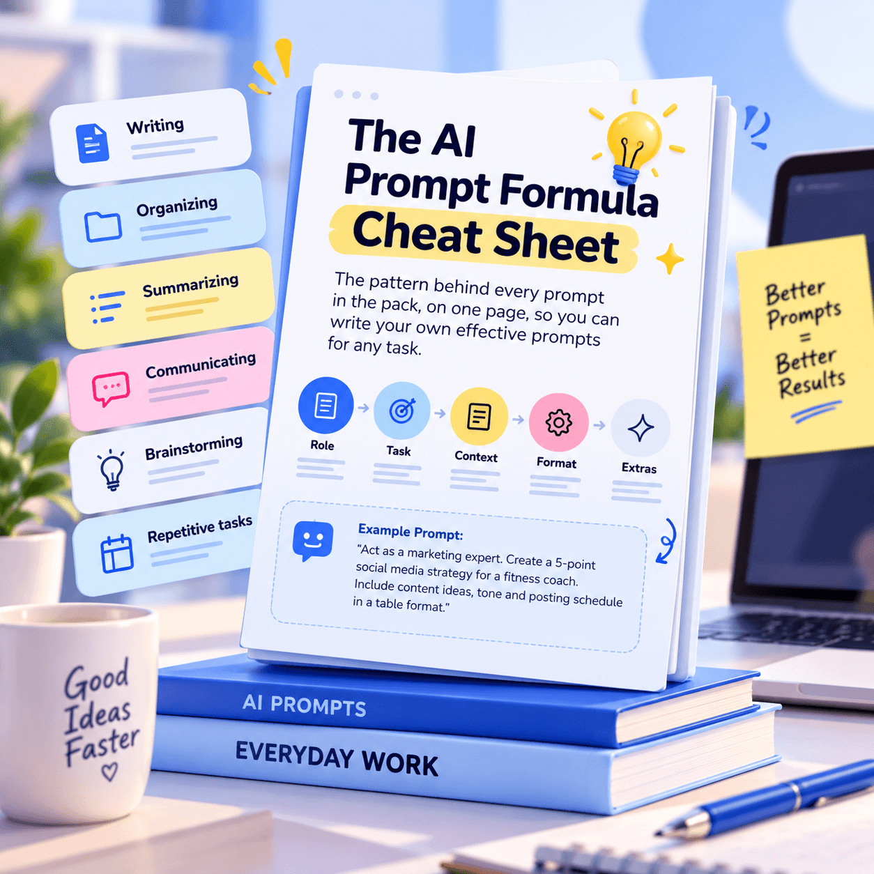 The AI Prompt Formula Cheat Sheet, a one-page guide to writing your own prompts