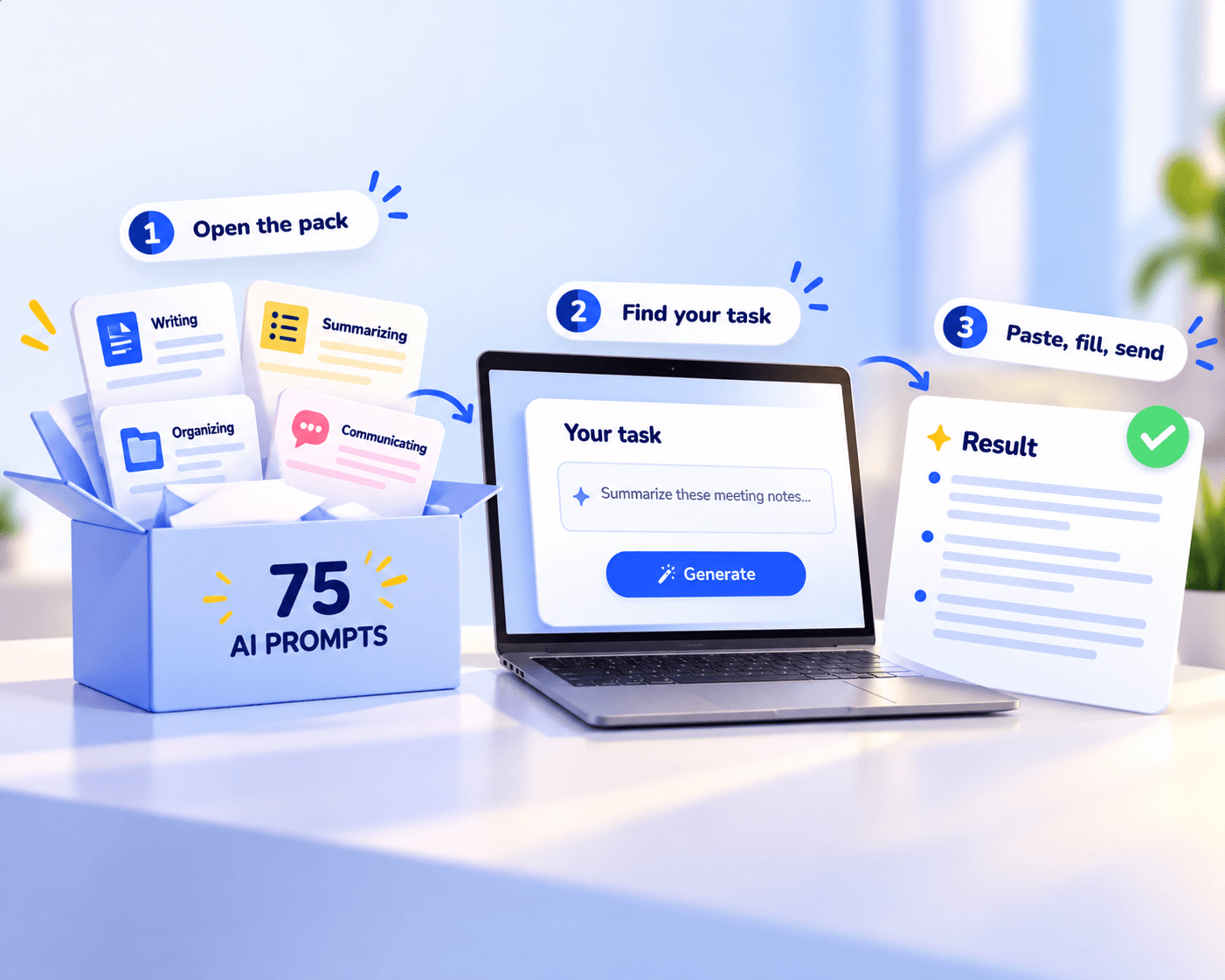 The prompt pack open on a laptop next to a coffee mug and colourful sticky notes