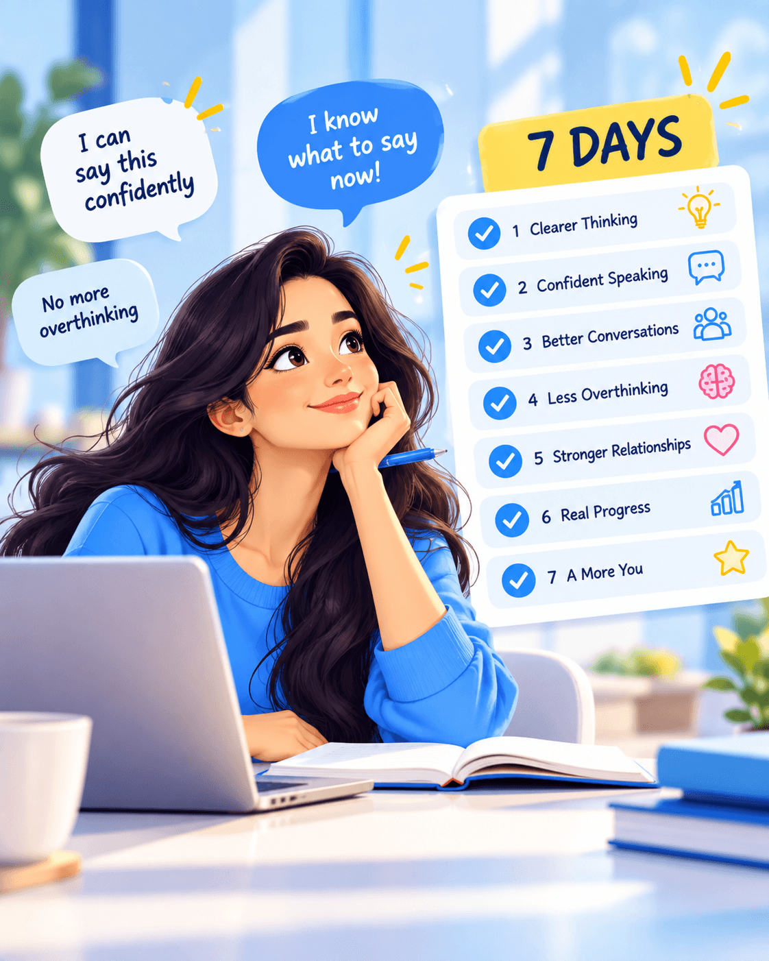 A smiling woman at her laptop, chin on her hand, thinking about what to say