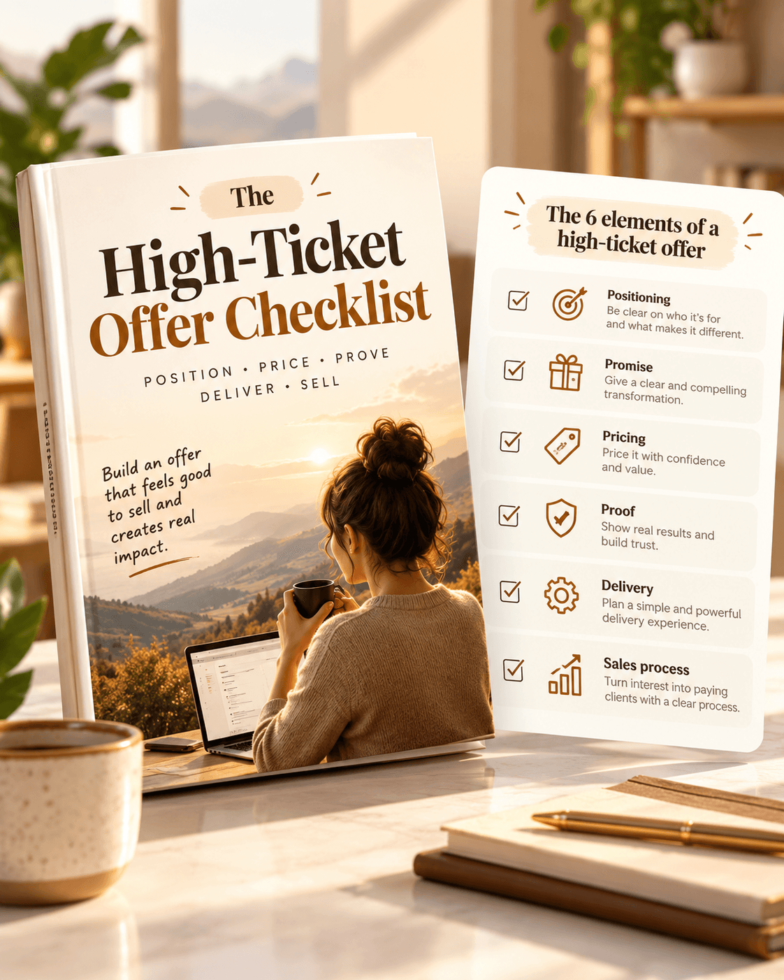 Cover of The High-Ticket Offer Checklist, a spiral-bound cream and brown workbook