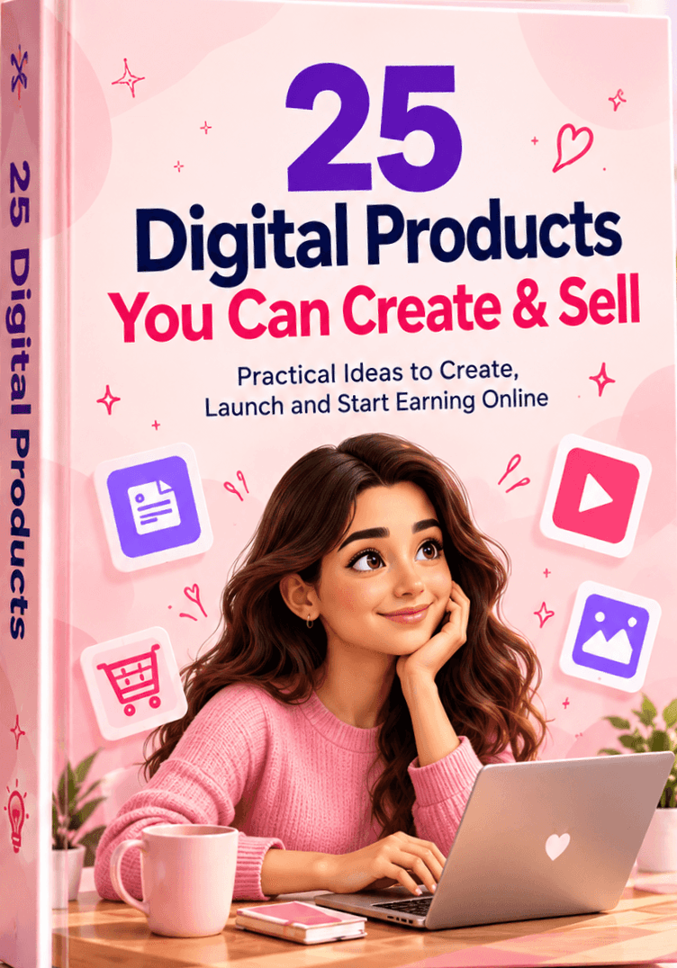 Cover of 25 Digital Products You Can Create and Sell, with a smiling creator at a laptop