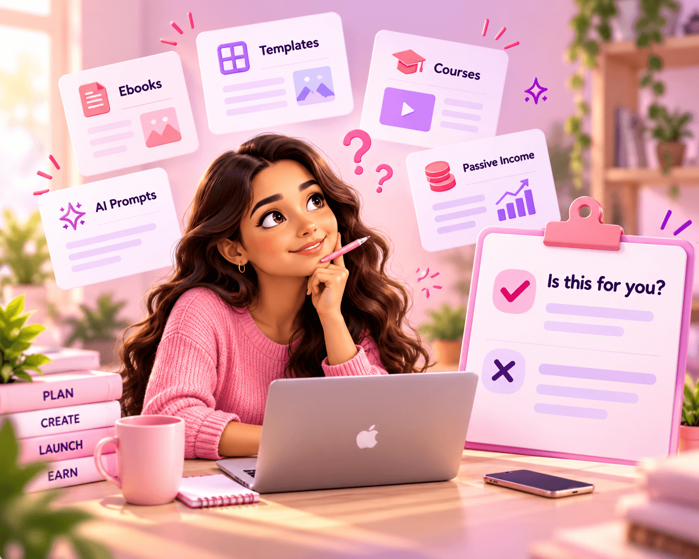 A creator at a laptop with a coffee, planning product ideas on sticky notes