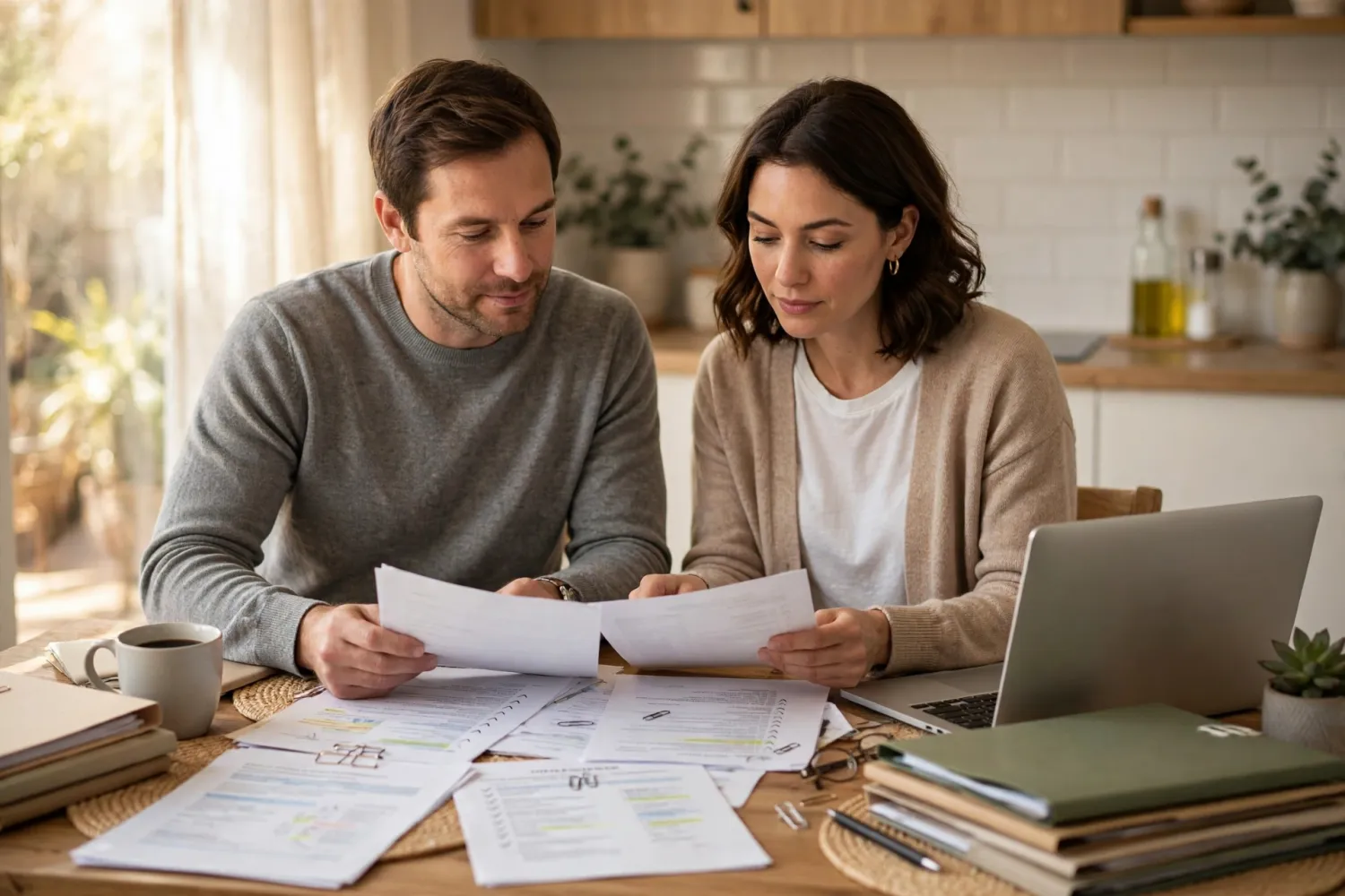 Couple calmly reviewing insurance paperwork at their kitchen table