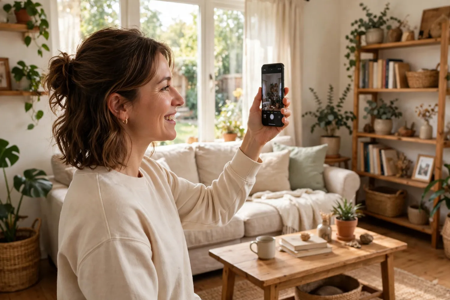 Homeowner filming a video walkthrough of her living room with a smartphone