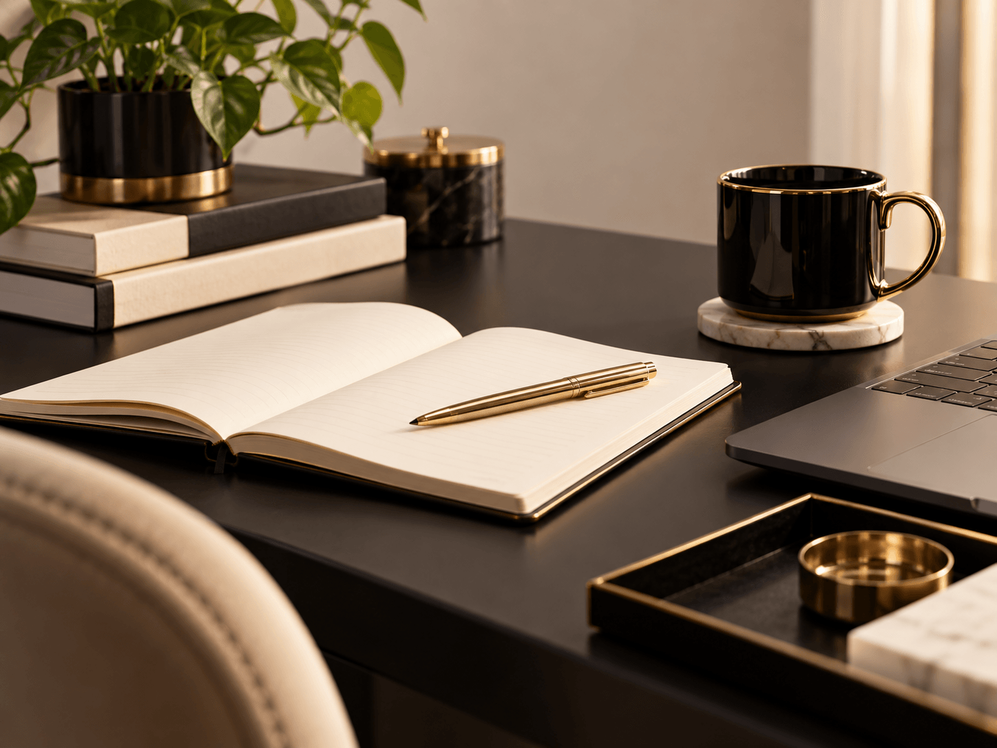 Elegant black and gold workspace