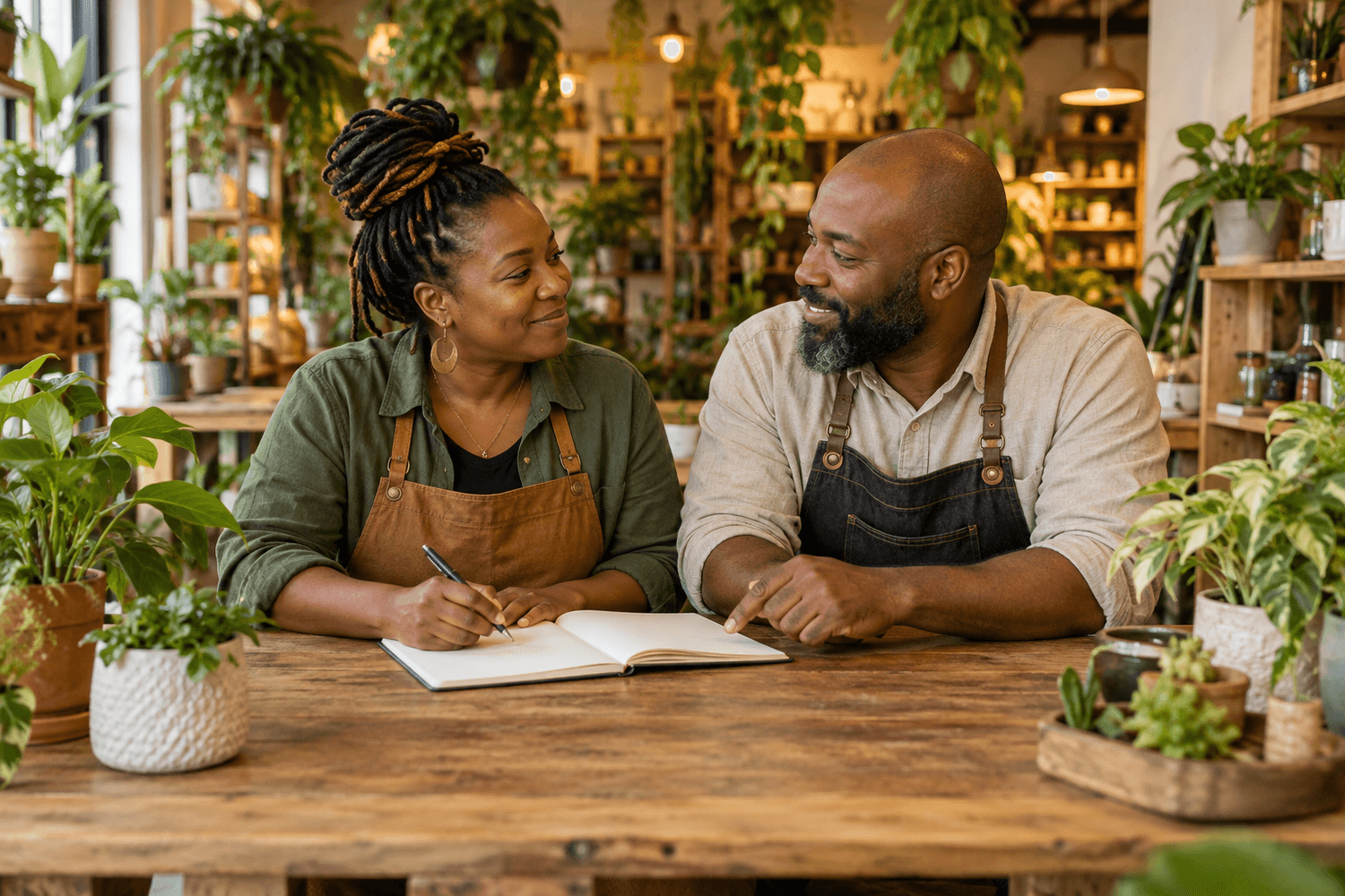 Two small business partners working together in their plant shop