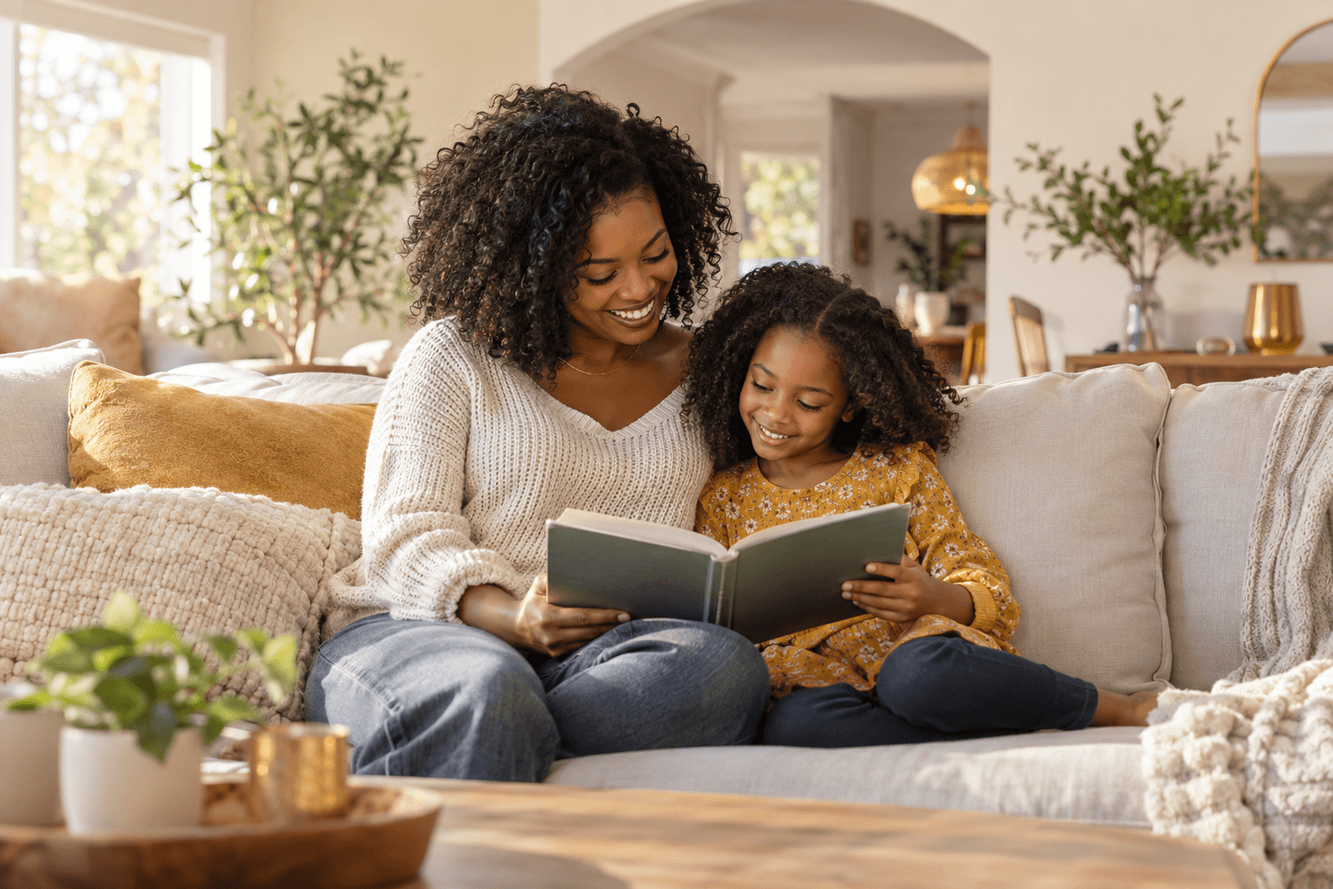 Mother and daughter reading together at home
