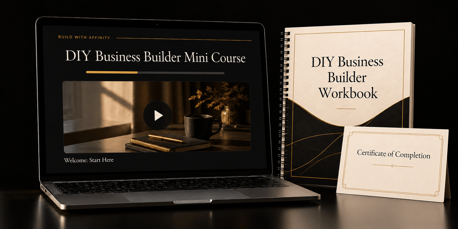 DIY Business Builder Mini Course mockup with spiral workbook and certificate of completion