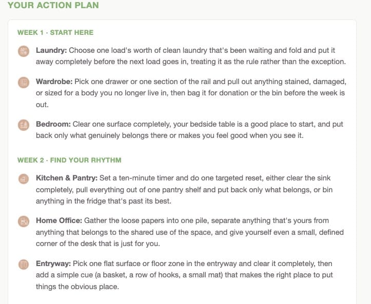 Sample 4-week action plan with steps for each room