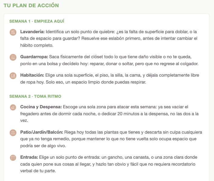 Ejemplo de plan de acción de 4 semanas con pasos por espacio