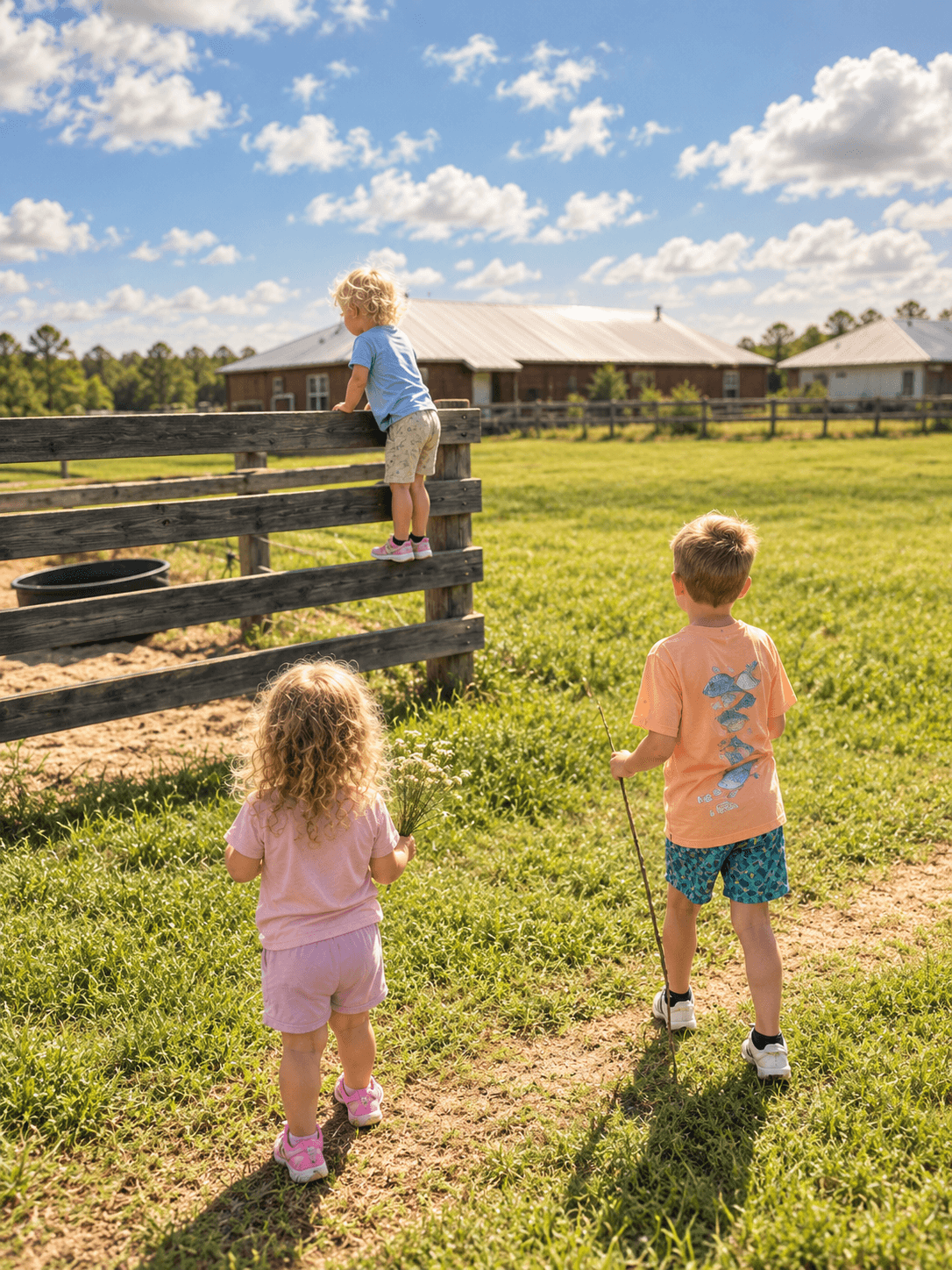 AI-edited ranch scene of children by a wooden fence