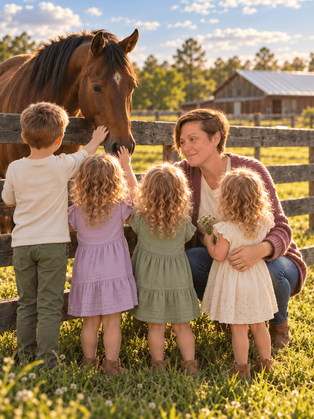 AI-created family ranch scene of Kelli and four children facing away beside a horse