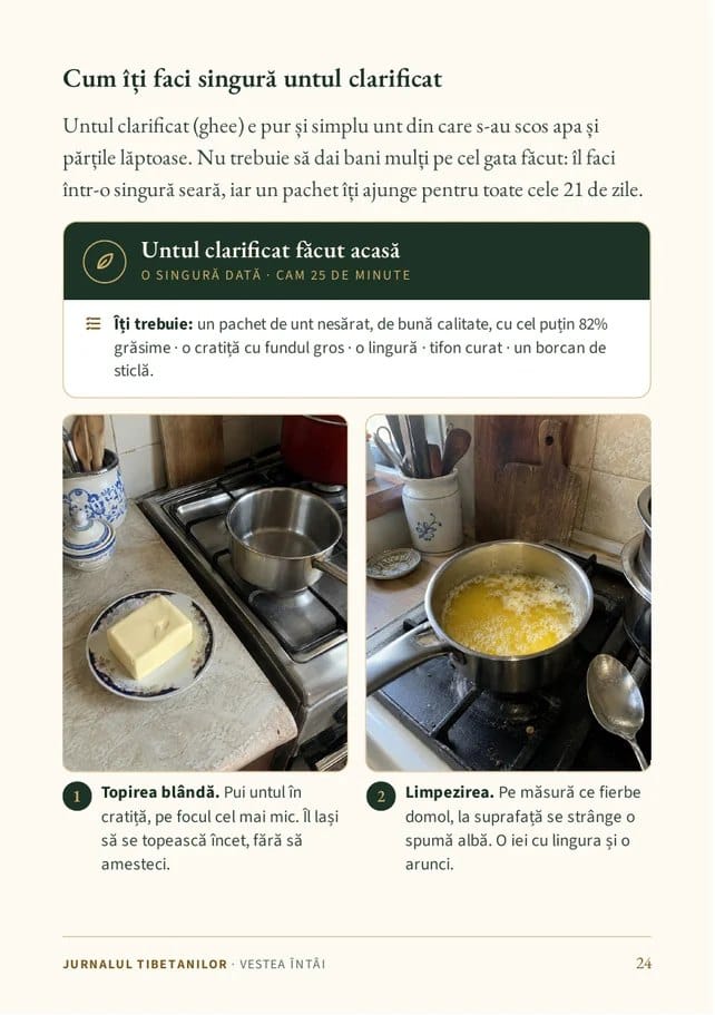 Pagina 24 din jurnal: rețeta untului clarificat, cu fotografii pentru fiecare pas