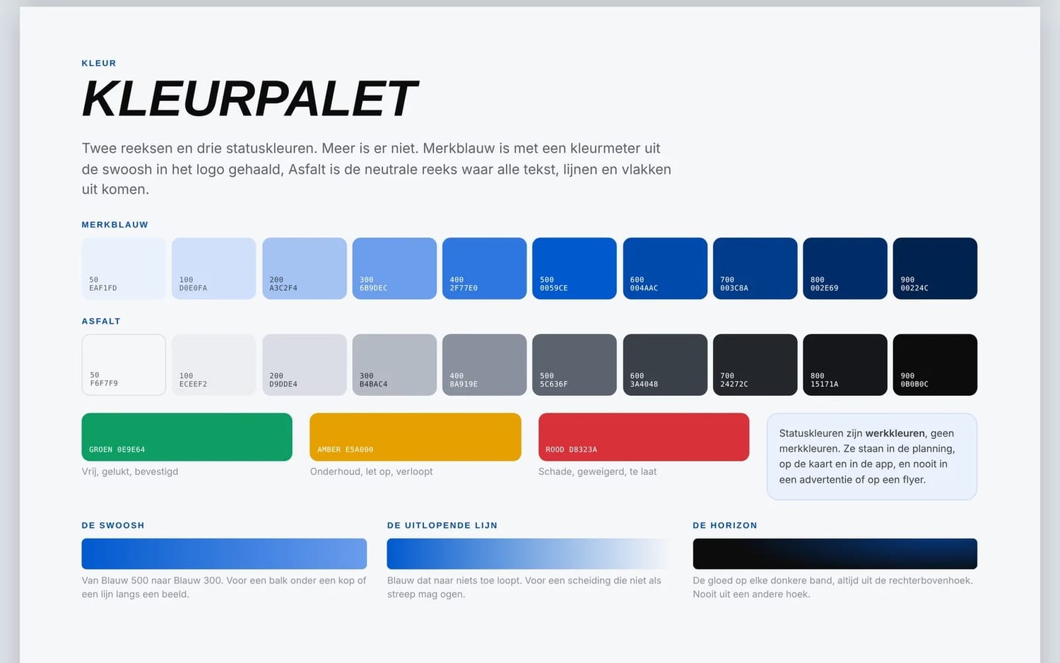 The colour system from a brandbook we made for a client, with two colour scales and three status colours. The client name is hidden.