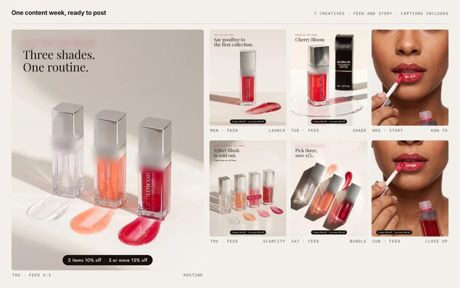 One week of social content we made for a beauty brand: seven creatives for feed and story. The brand name is hidden.