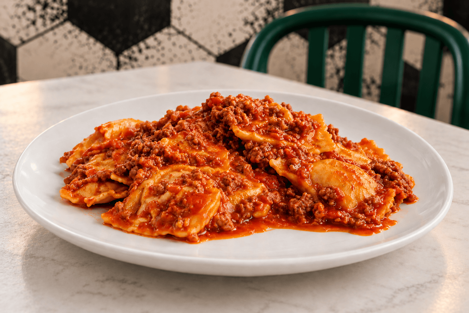 Ravioli al ragù su tavolo bianco nel contesto calcistico La Pianta 310
