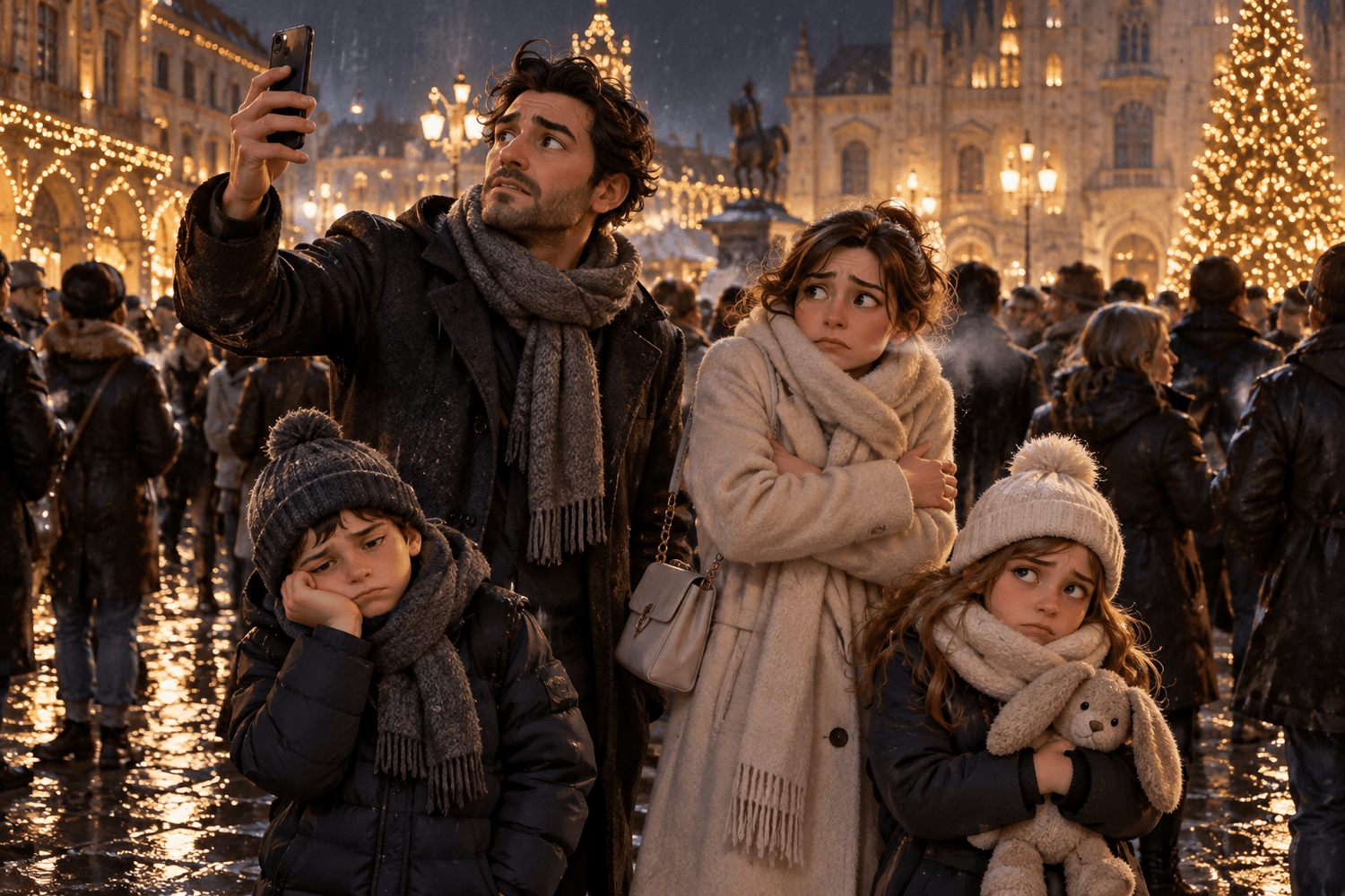 Famiglia infreddolita e spaesata nella folla di Capodanno in piazza.