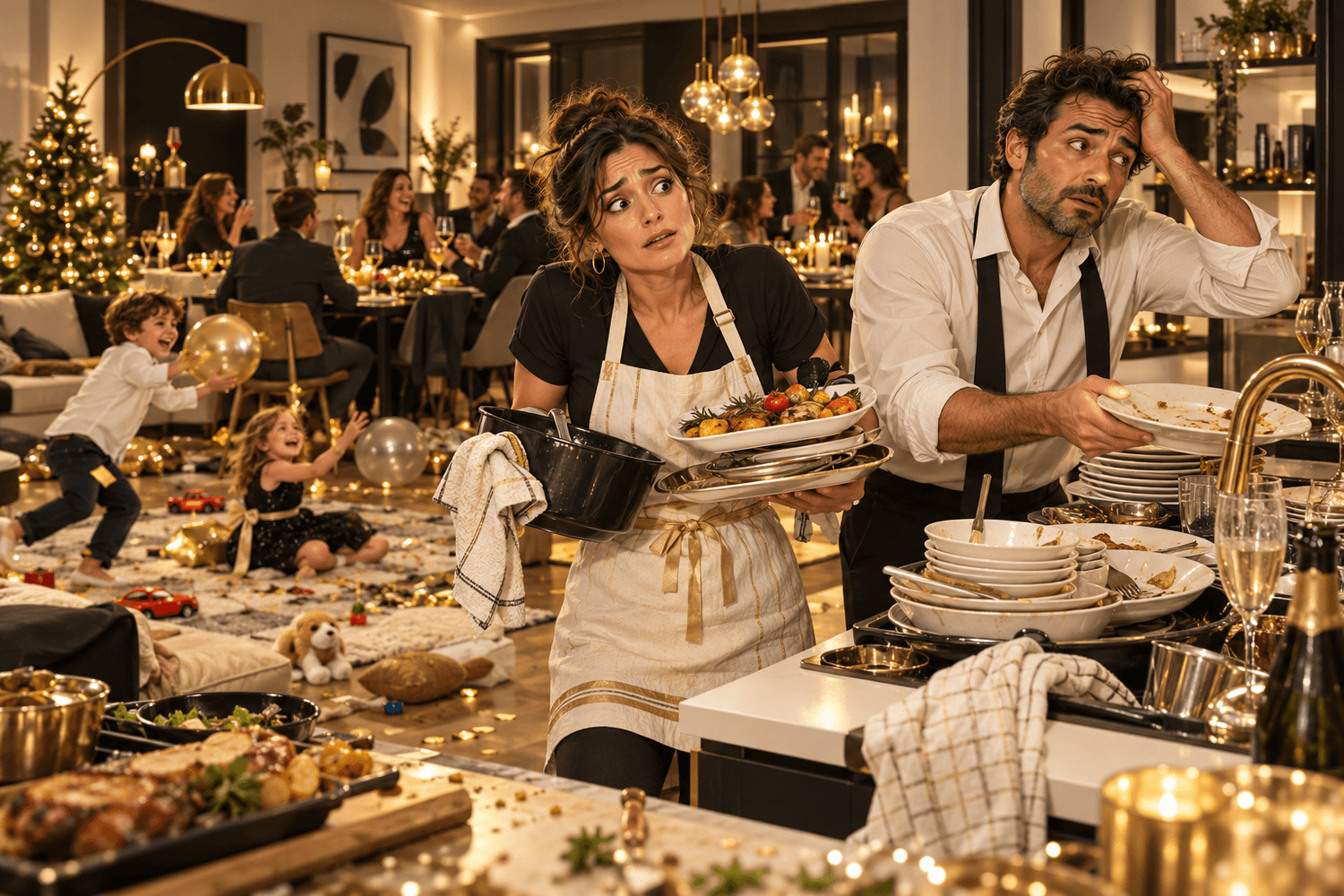 Genitori stanchi tra preparativi, piatti da lavare e festa in casa.