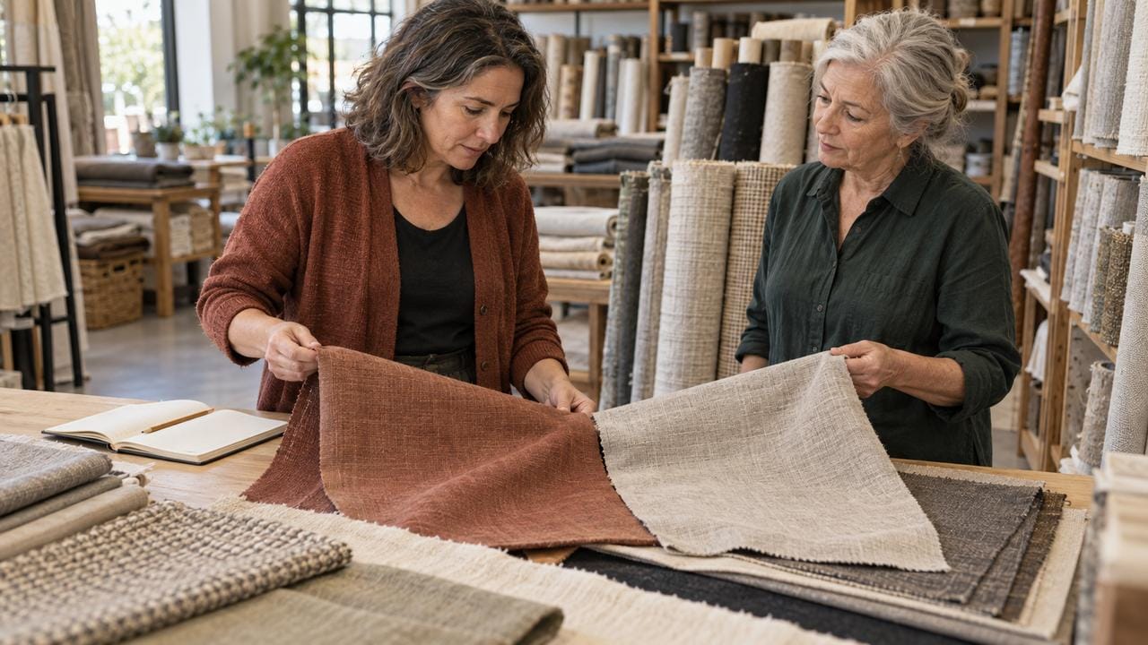 Una persona compara muestras de telas con un proveedor en una mesa de un pequeño almacén textil, con una libreta abierta al lado.
