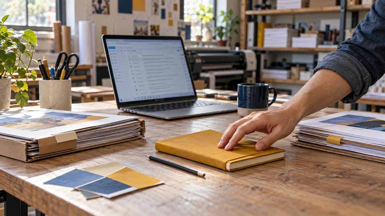 Una mano se acerca a una libreta junto a un portátil con una bandeja de correo desenfocada y varias carpetas de trabajo en una pequeña imprenta.