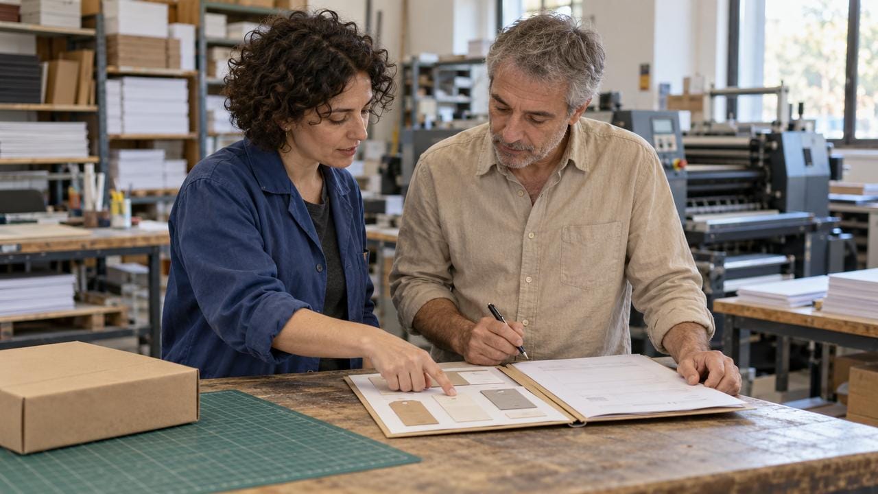 Dos personas revisan una carpeta y unas muestras sobre una mesa de trabajo de un pequeño taller antes de continuar un encargo.