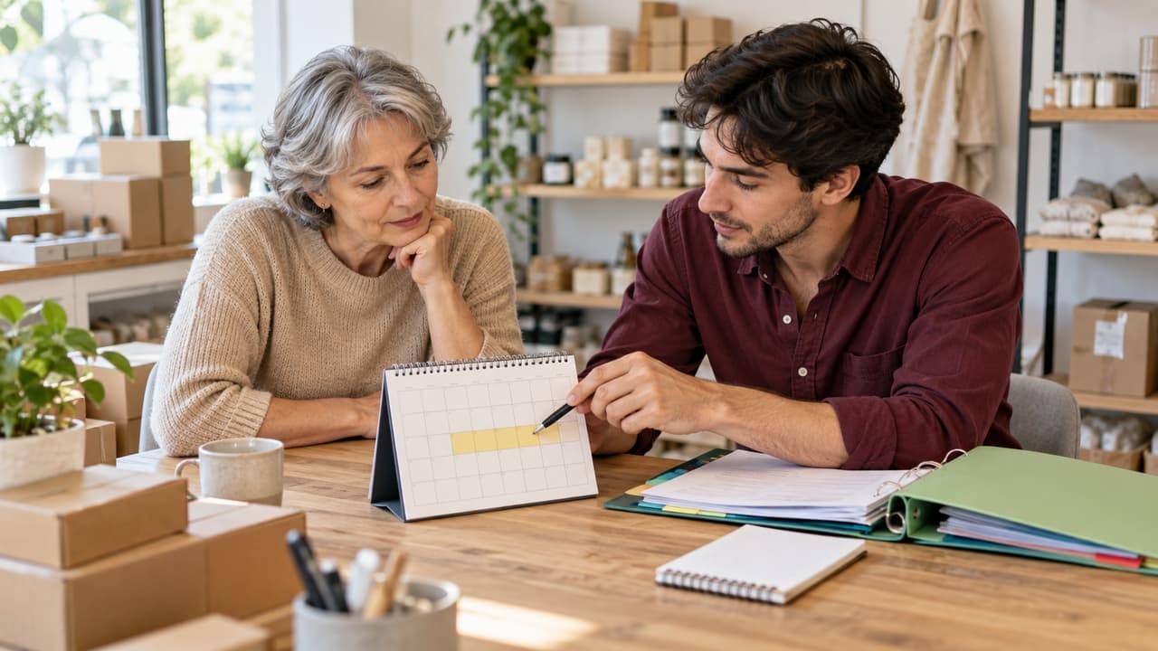 Dos personas revisan una semana señalada en un calendario de mesa junto a una carpeta de encargos, en el despacho luminoso de una pequeña tienda.